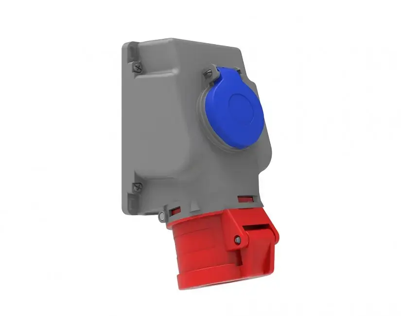 კედლის Schuko როზეტი Bemis Elektrik 90° კუთხის კონექტორით 5x16A 3P+E+N 380V 50/60 Hz — როზეტები და ჩამრთველები