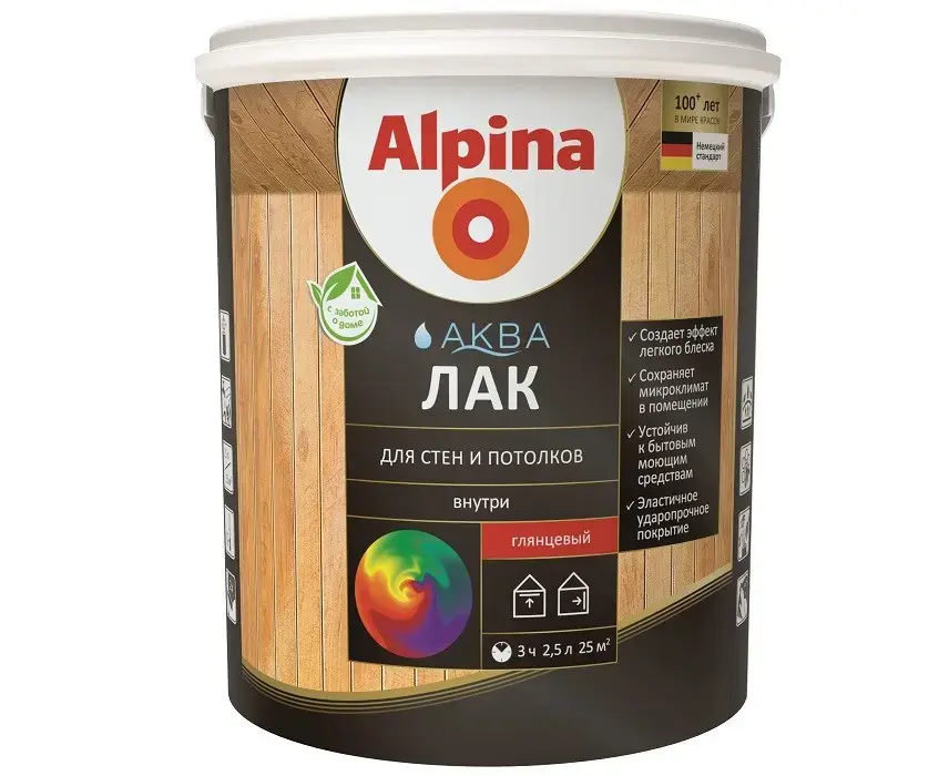 ლაქი აკრილის ხის ინტერიერისთვის Alpina Aqua პრიალა 2.5 ლ — ლაქი