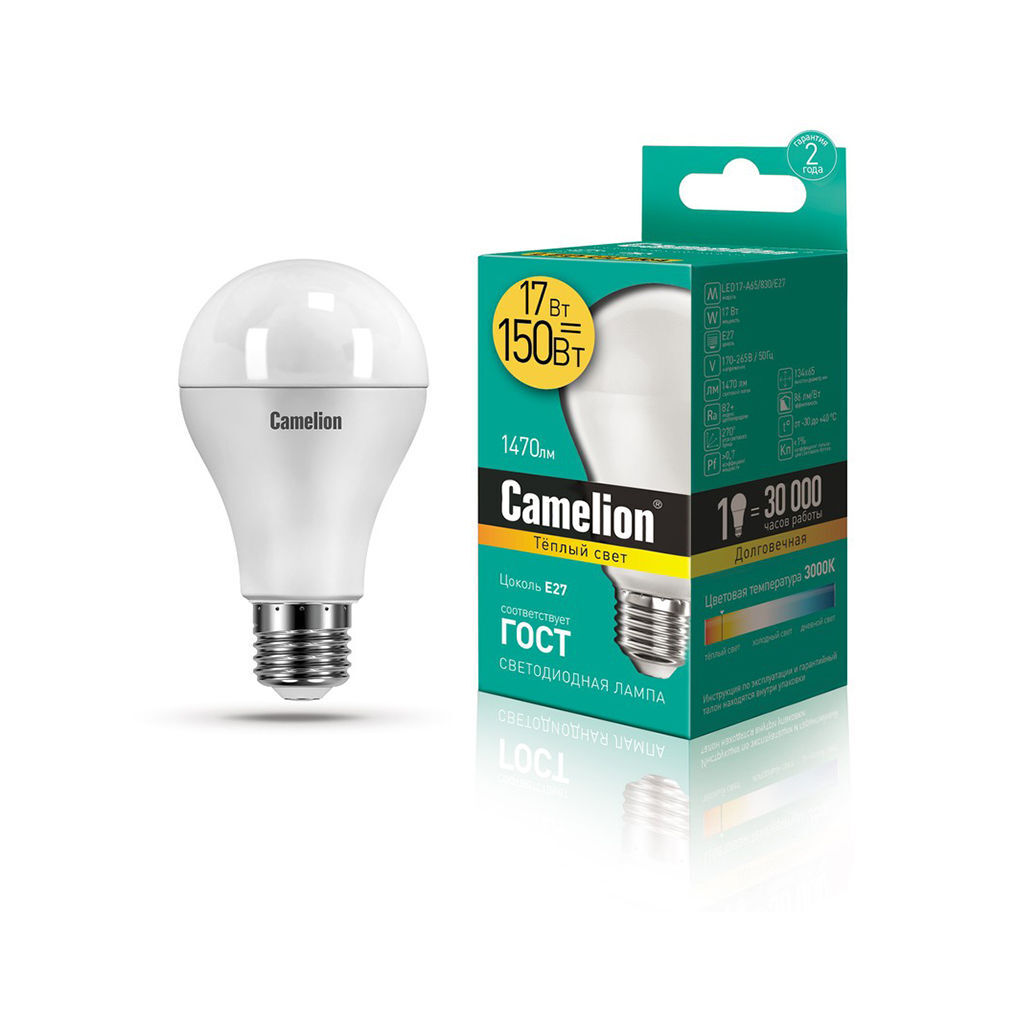 LED ნათურა ეკო 17ვტ 3000კ CAMELION LED17-A65/830/E27 — ნათურა და ვაზნა