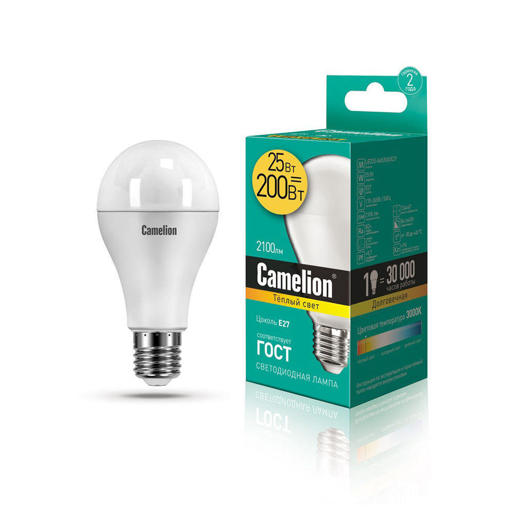 LED ნათურა ეკო 25ვტ 3000კ CAMELION LED25-A65/830/E27 — ნათურა და ვაზნა