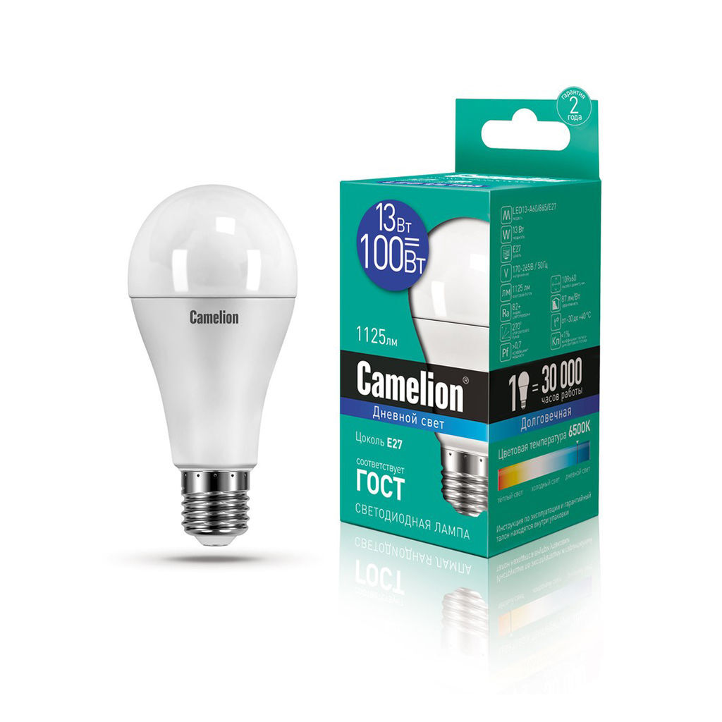 LED ნათურა ეკო 13ვტ 6500კ CAMELION LED13-A60/865/E27 — ნათურა და ვაზნა