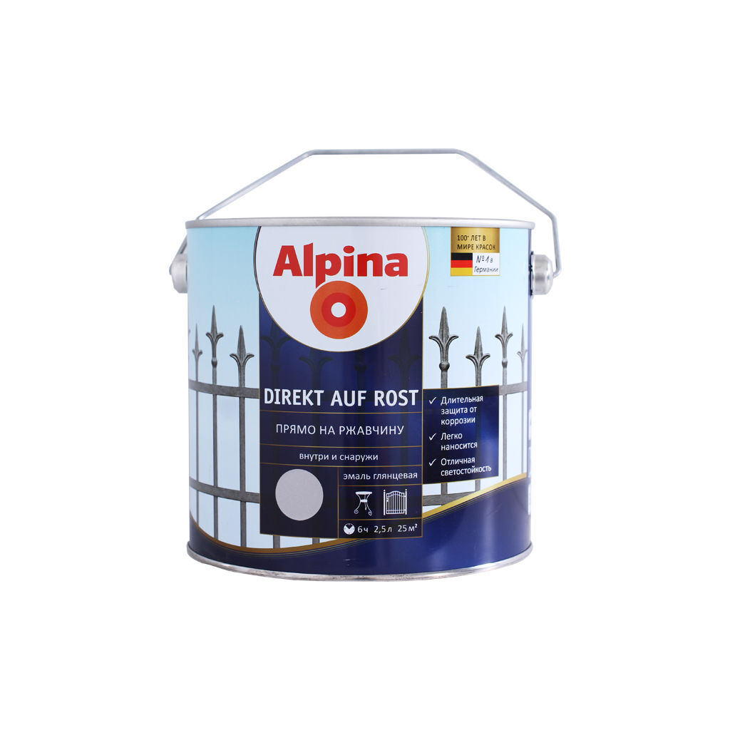 2.5 ლ ანტიკოროზიული საღებავი ALPINA Direkt A Rost RAL9006 — ანტიკოროზიული საღებავი