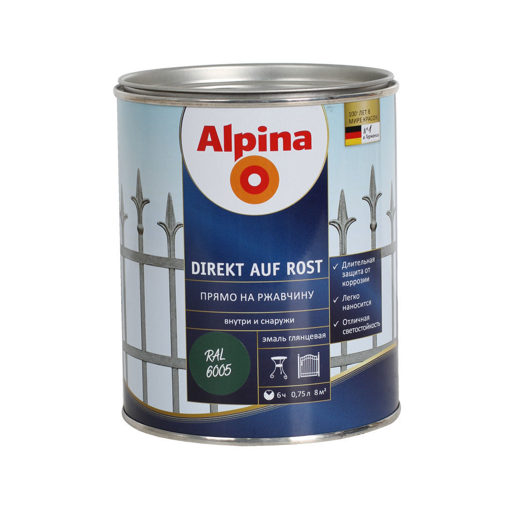 0.75 ლ ემალი 750 მლ ALPINA RAL6005 — ანტიკოროზიული საღებავი