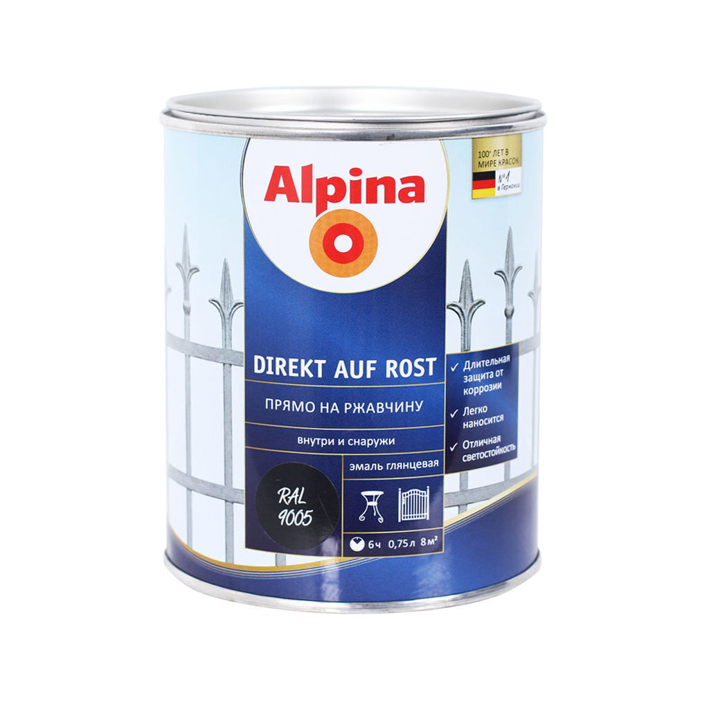 0.75 ლ ანტიკოროზიული საღებავი  ALPINA Direkt A Rost RAL9005 — ანტიკოროზიული საღებავი