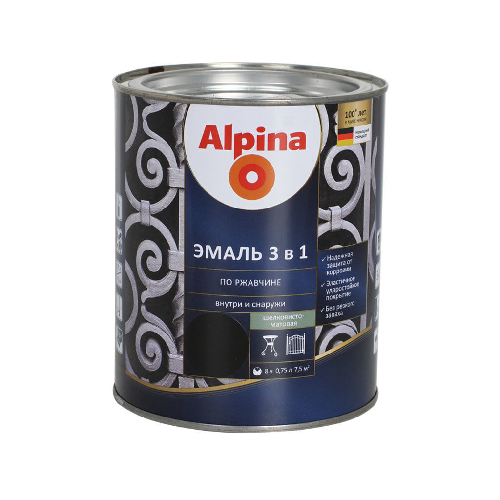0.75 ლ ემალის გრუნტ-საღებავი 3in1 ALPINA RAL 9005 — ზეთის საღებავი