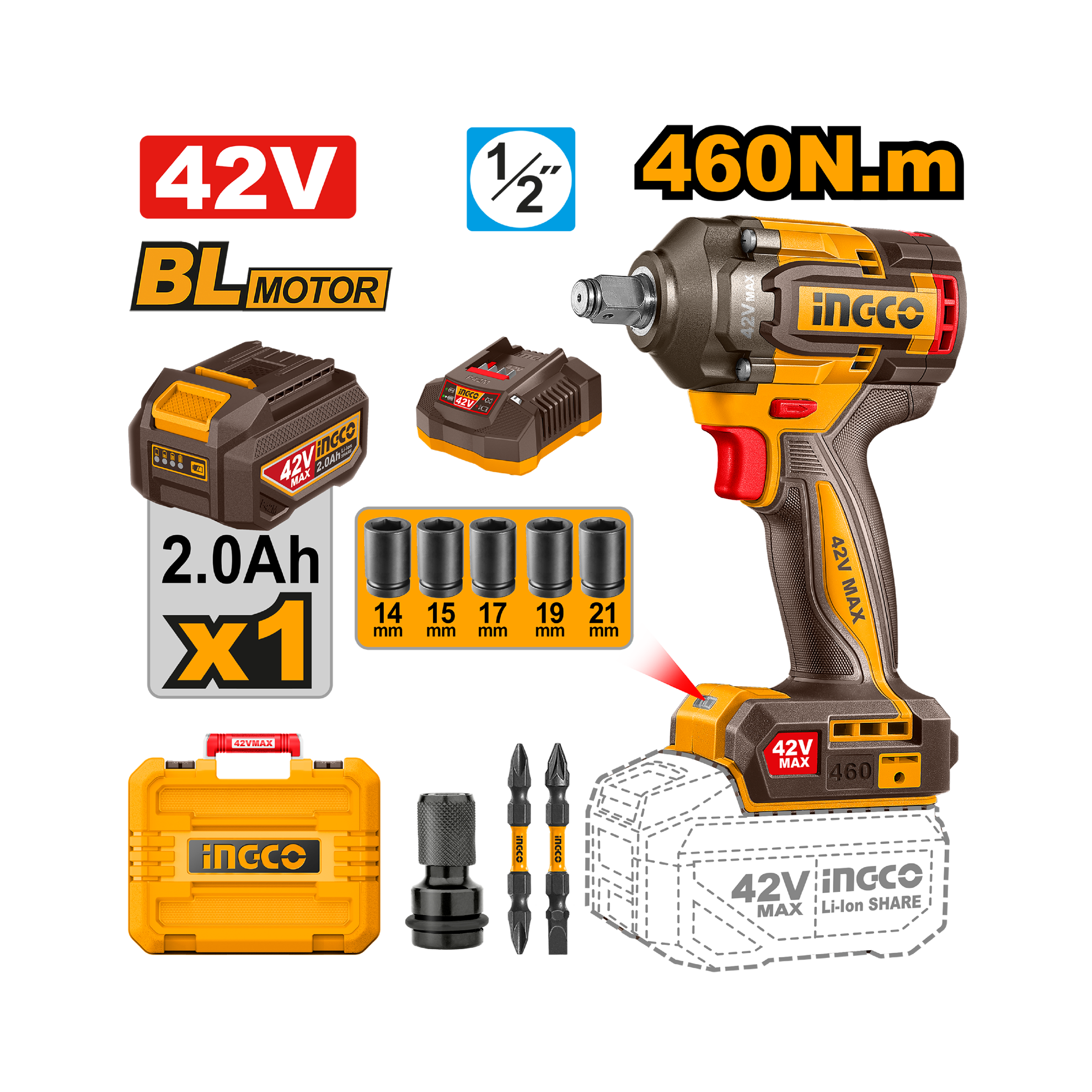 Электрический гайковёрт 42V/460N.M Li-Ion CIWLI42461 INGCO