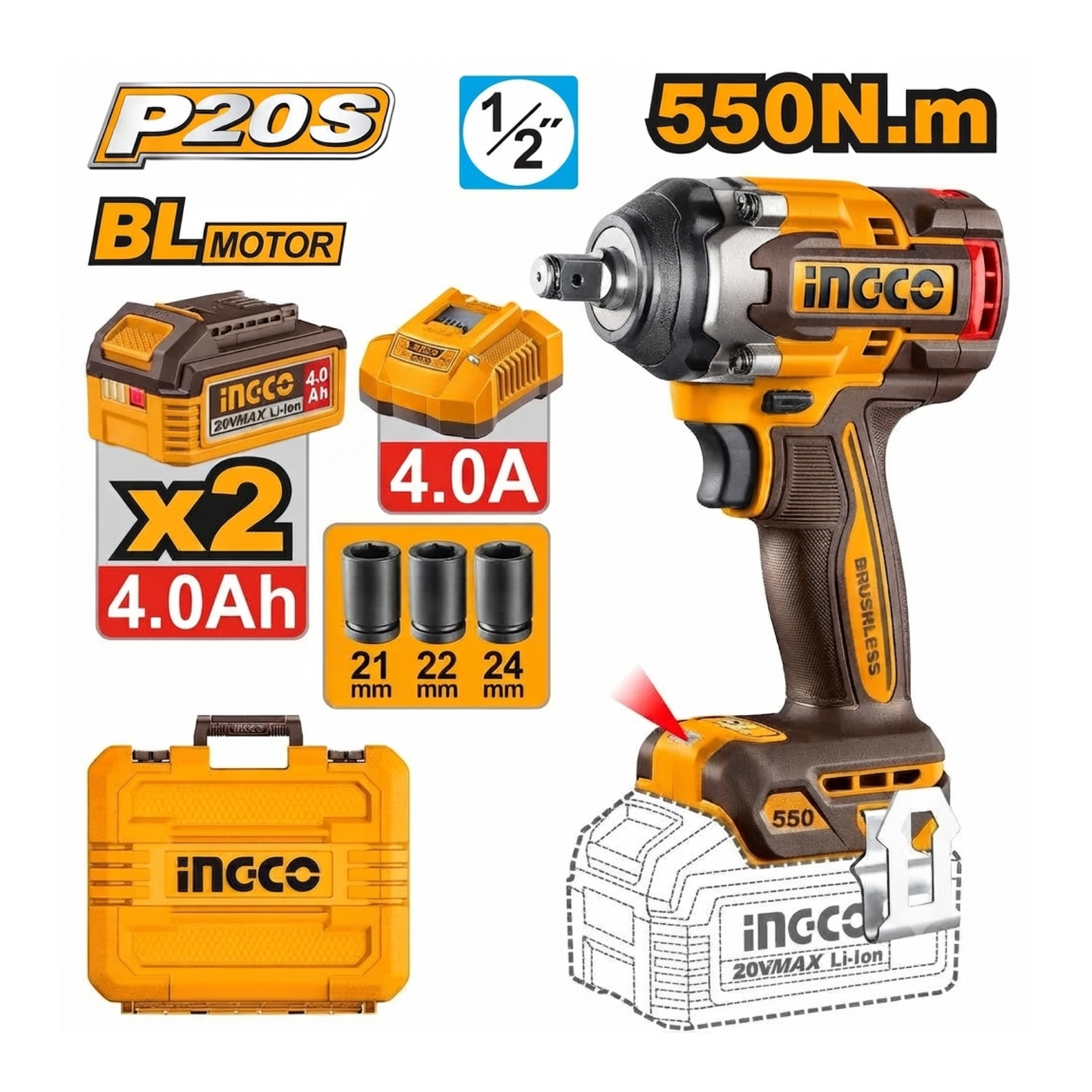 Электрический гайковёрт 20V Li-Ion Proline (CIWLI2055) INGCO