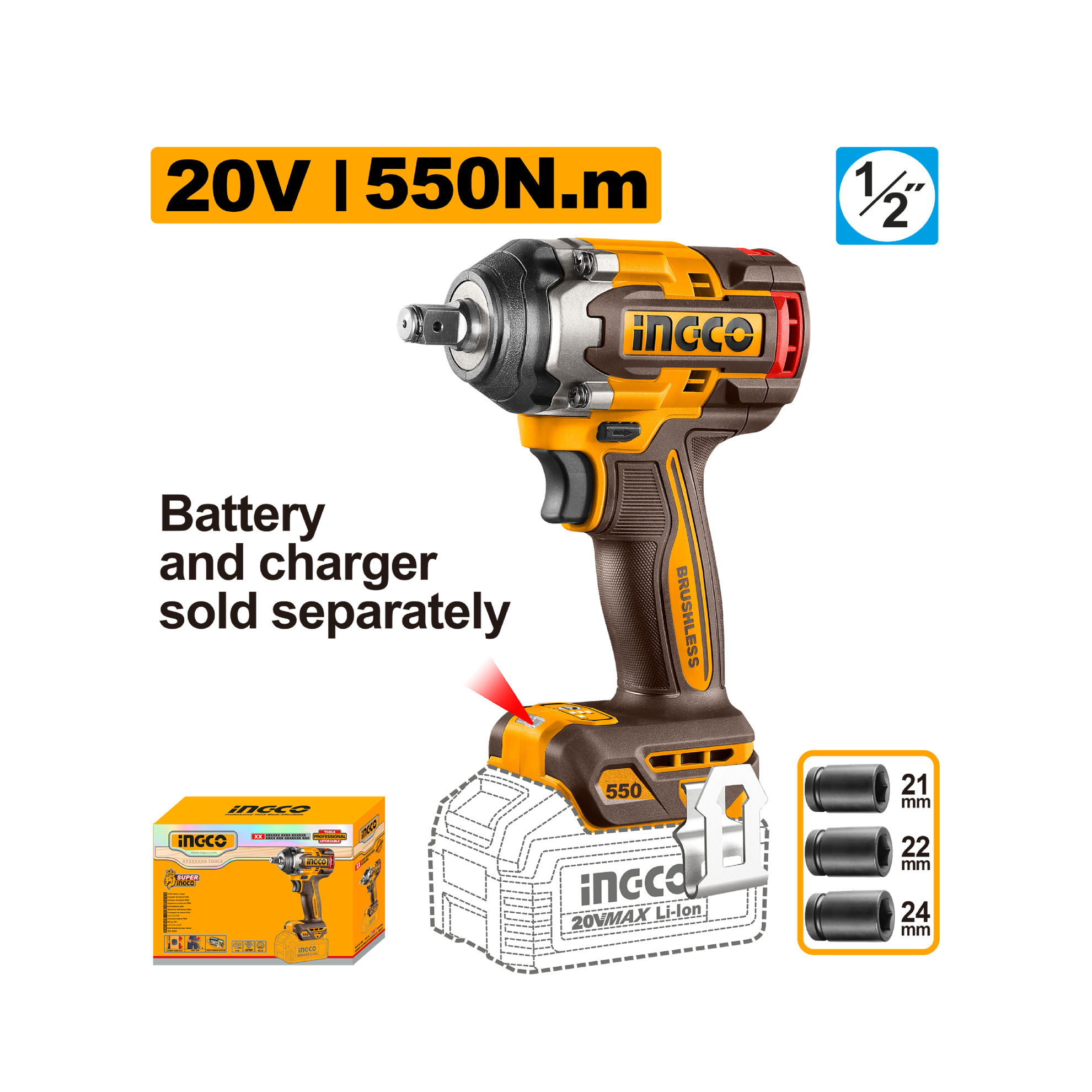 Электрический гайковёрт 550NM-20V Li-Ion (CIWLI20551) INGCO