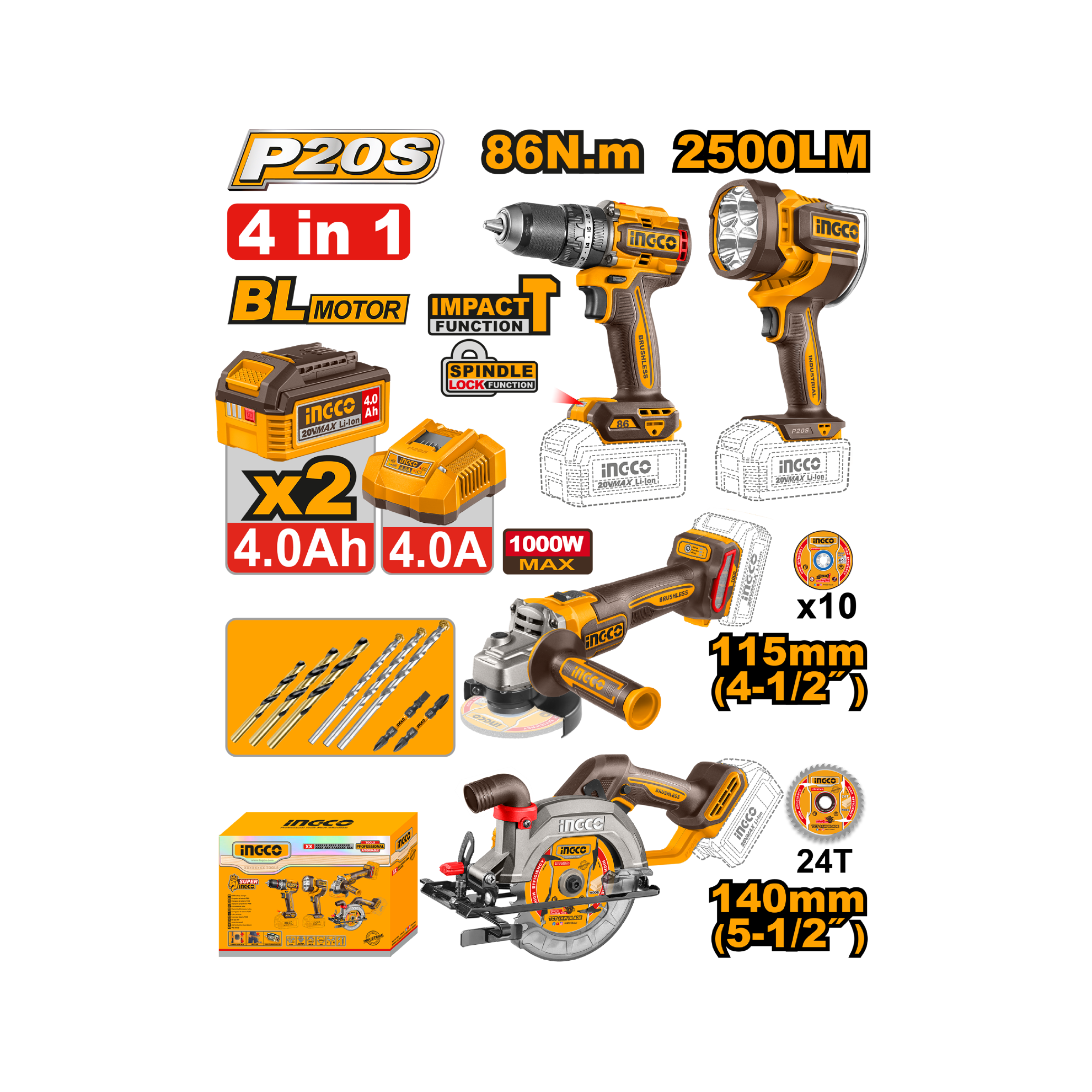 4-piece cordless tool set (CKLI251293) INGCO