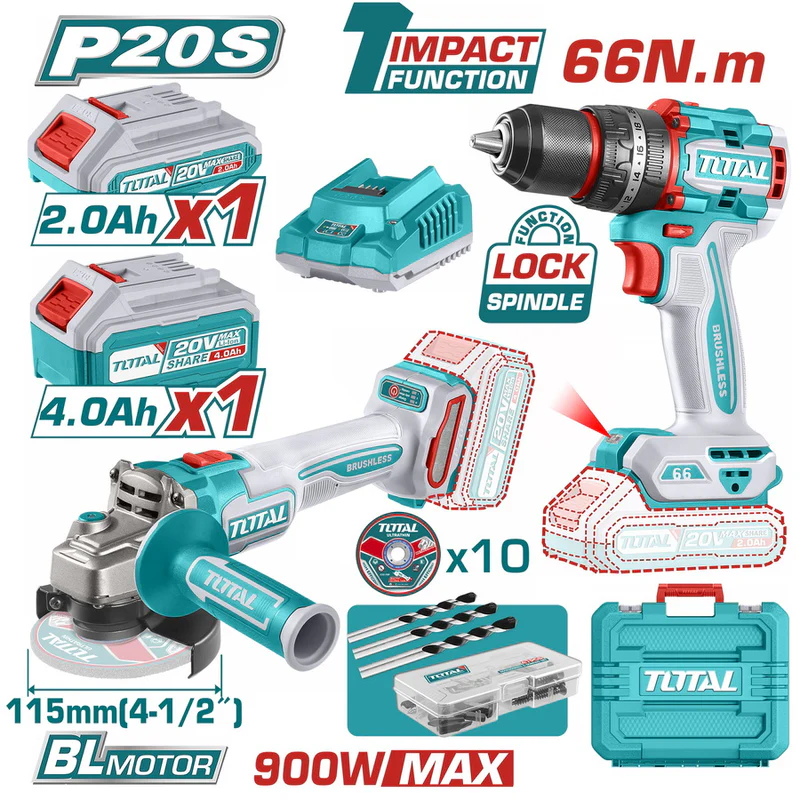 Cordless angle cutting machine + cordless drill driver 1000 W-66 Nm TCKLI20273E