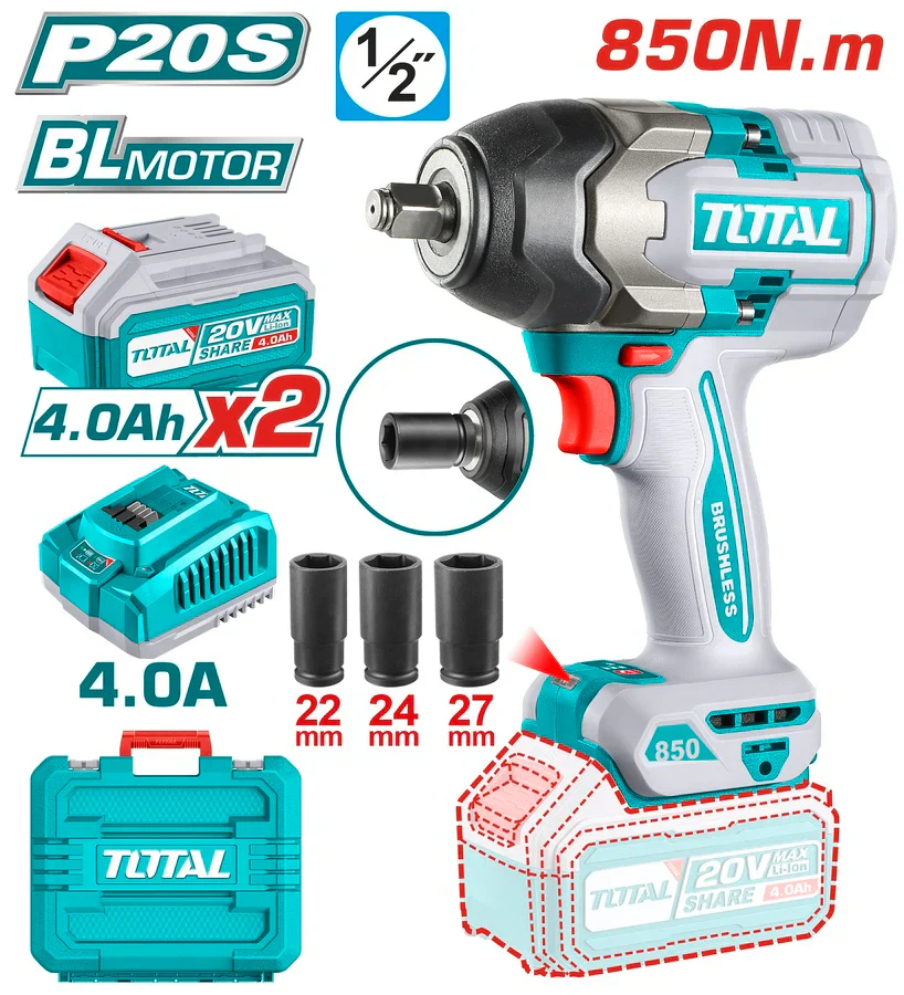 Гайковёрт TOTAL TIWLI2085 Li-Ion 20V 850 ньютонов